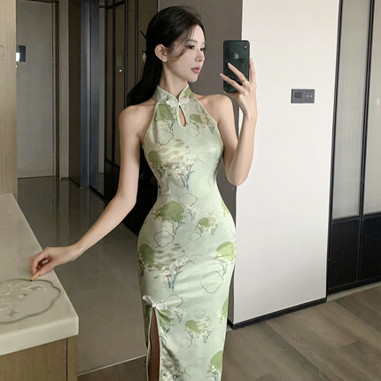 新中式国风2024夏季高级感气质精致印花盘扣绿色中长款旗袍连衣裙