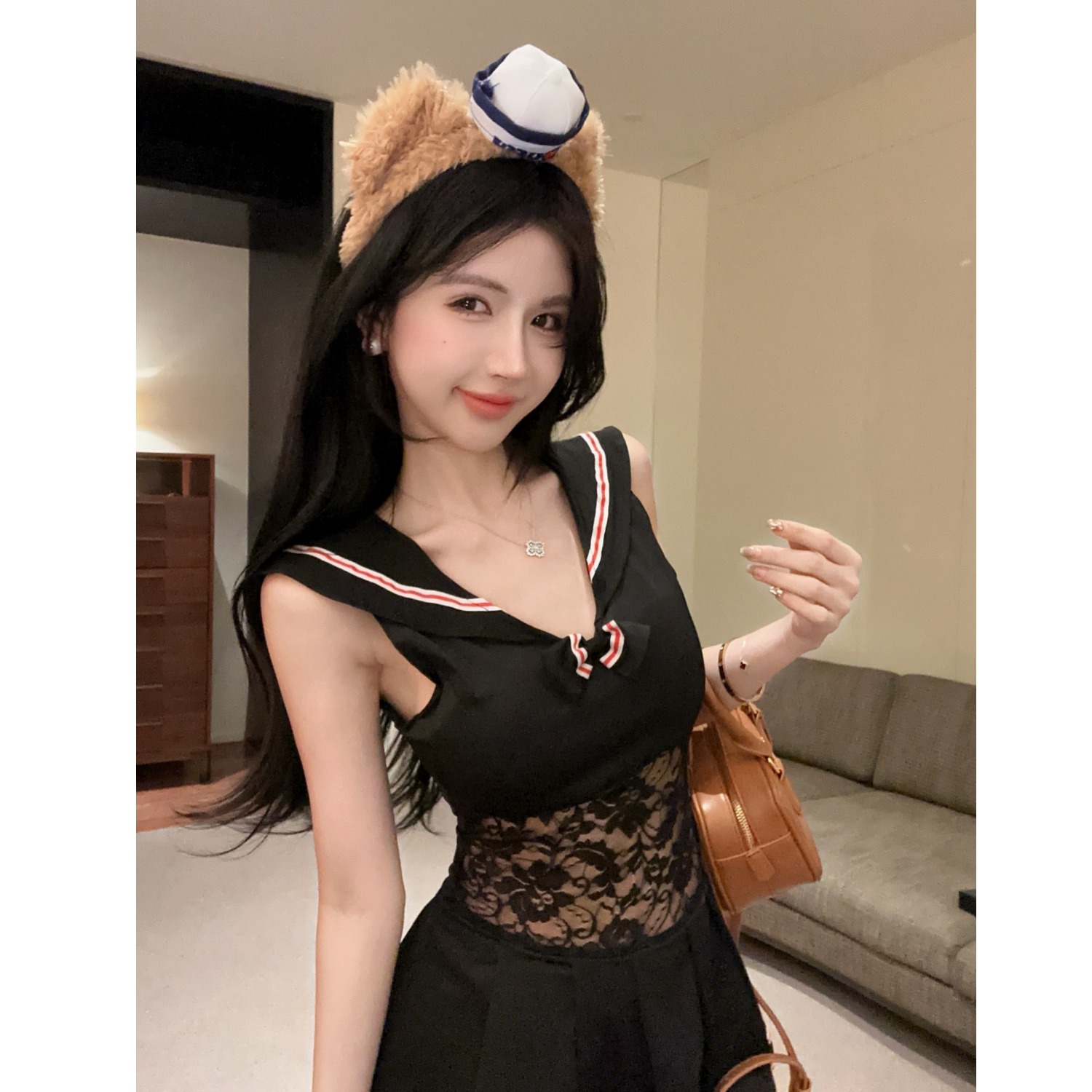 直播衣服女主播服装上镜无袖蕾丝超短辣妹拼接时尚学院风连衣裙女
