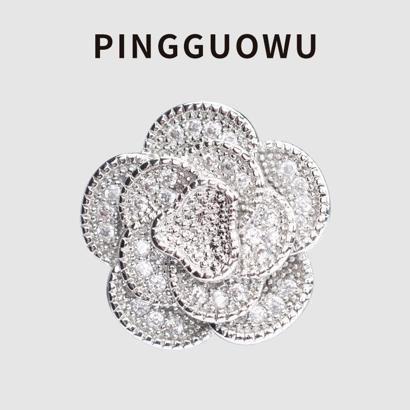 PINGGUOWU 超闪奢华满钻山茶花纽扣立体花朵扣子衬衣开衫装饰配件