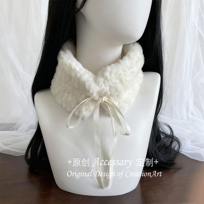 秋冬季百搭压花加厚保暖仿皮草围巾毛绒绒系绳毛球球可爱毛领围脖