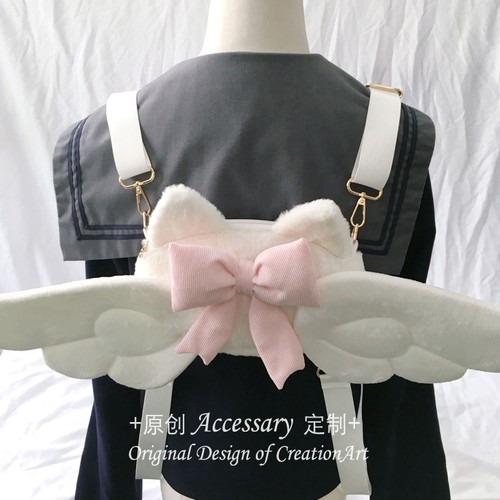 日系亚文化天使喵与小恶魔-毛绒可爱翅膀lolita二次元双肩背包