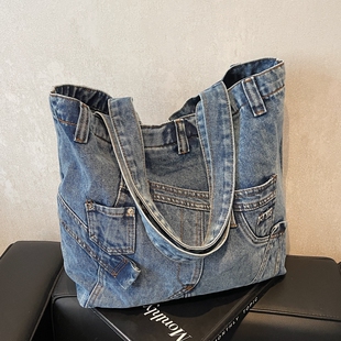 慵懒个性 大容量百搭托特包上课通勤单肩大包女 复古潮牌牛仔包新款
