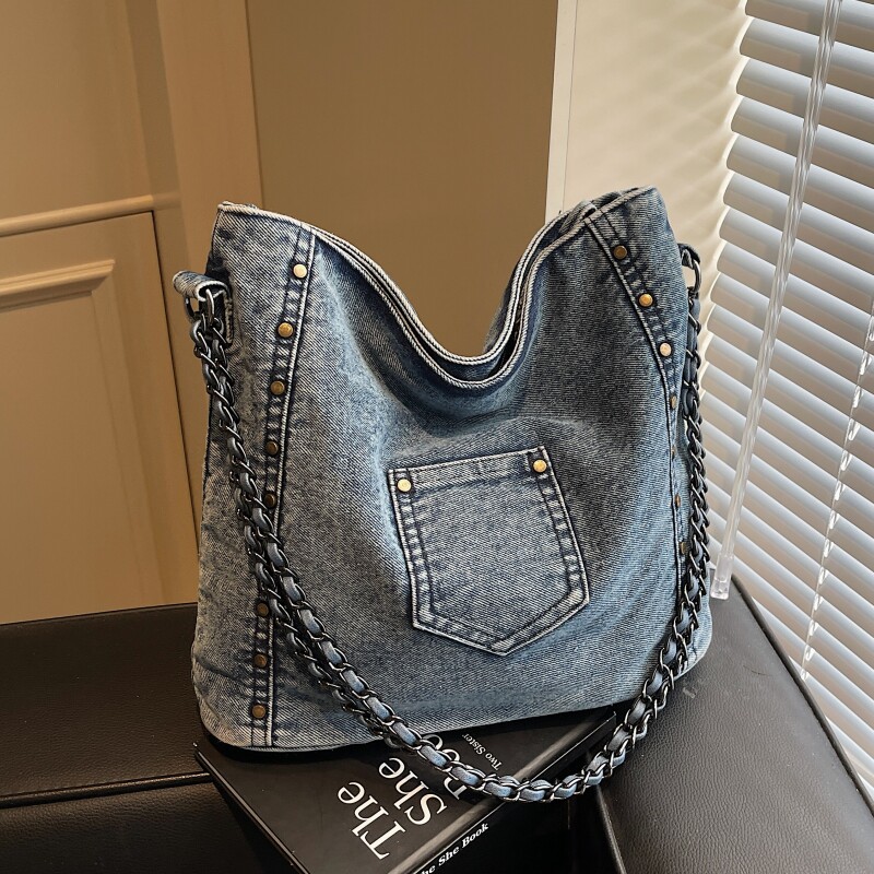 辣妹铆钉包托特包包女2025新款牛仔布高级感单肩腋下包时尚通勤包,箱包皮具/热销女包/男包,托特包,淘宝优惠券,粉丝福利购,淘宝优惠卷