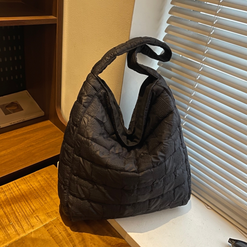 方格棉服托特包包女大容量2025新款冬季单肩包百搭小众通勤手提包