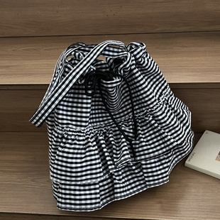 韩国大容量花边布袋包单肩包 潮时尚 学院风格 子托特包包女2025新款