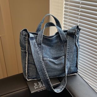 背不烂复古百搭牛仔布大容量单肩斜挎包女通勤休闲上课拉链托特包