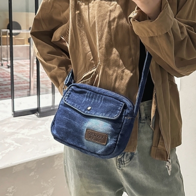 牛仔包时尚单肩包男士运动复古包包小包女帆布休闲多口袋斜挎包潮
