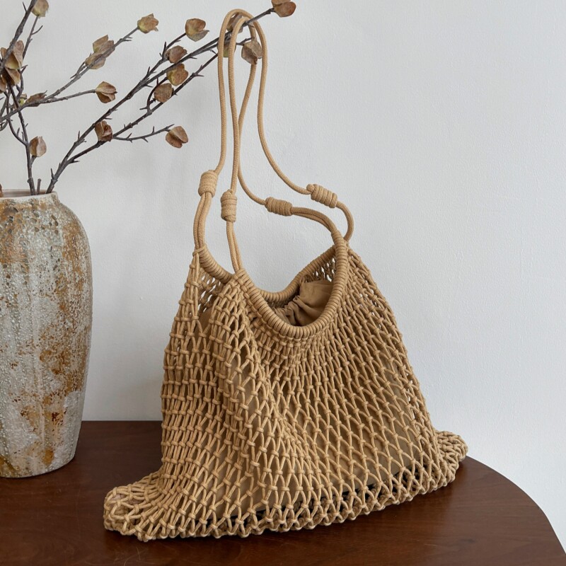 韩国手工编织渔网包镂空网兜单肩包大容量托特包海边度假风沙滩包