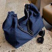 大容量通勤包包女2024新款 牛仔布链条托特大包春夏质感单肩包 时尚