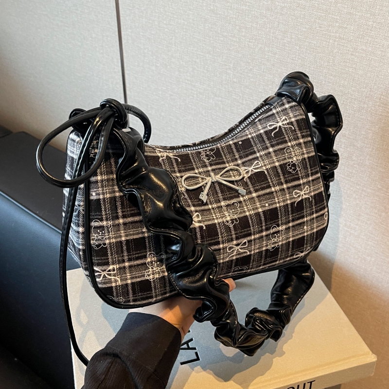 小众蝴蝶结格子腋下包女2025新款潮甜美少女百搭斜挎包褶皱单肩包