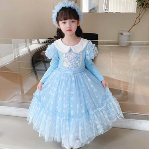 冰雪奇缘女童新款艾莎公主裙秋季爱莎表演连衣裙生日蓬蓬精美礼服
