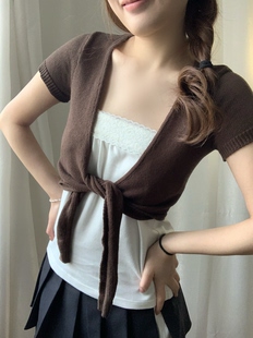 bm风V领针织开衫女短袖外套咖啡色夏季新款宽松慵懒风