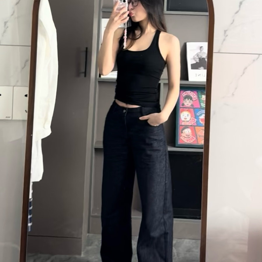 2025新款早春夏阔腿高腰直筒拖地原色牛仔裤女百搭休闲深蓝色