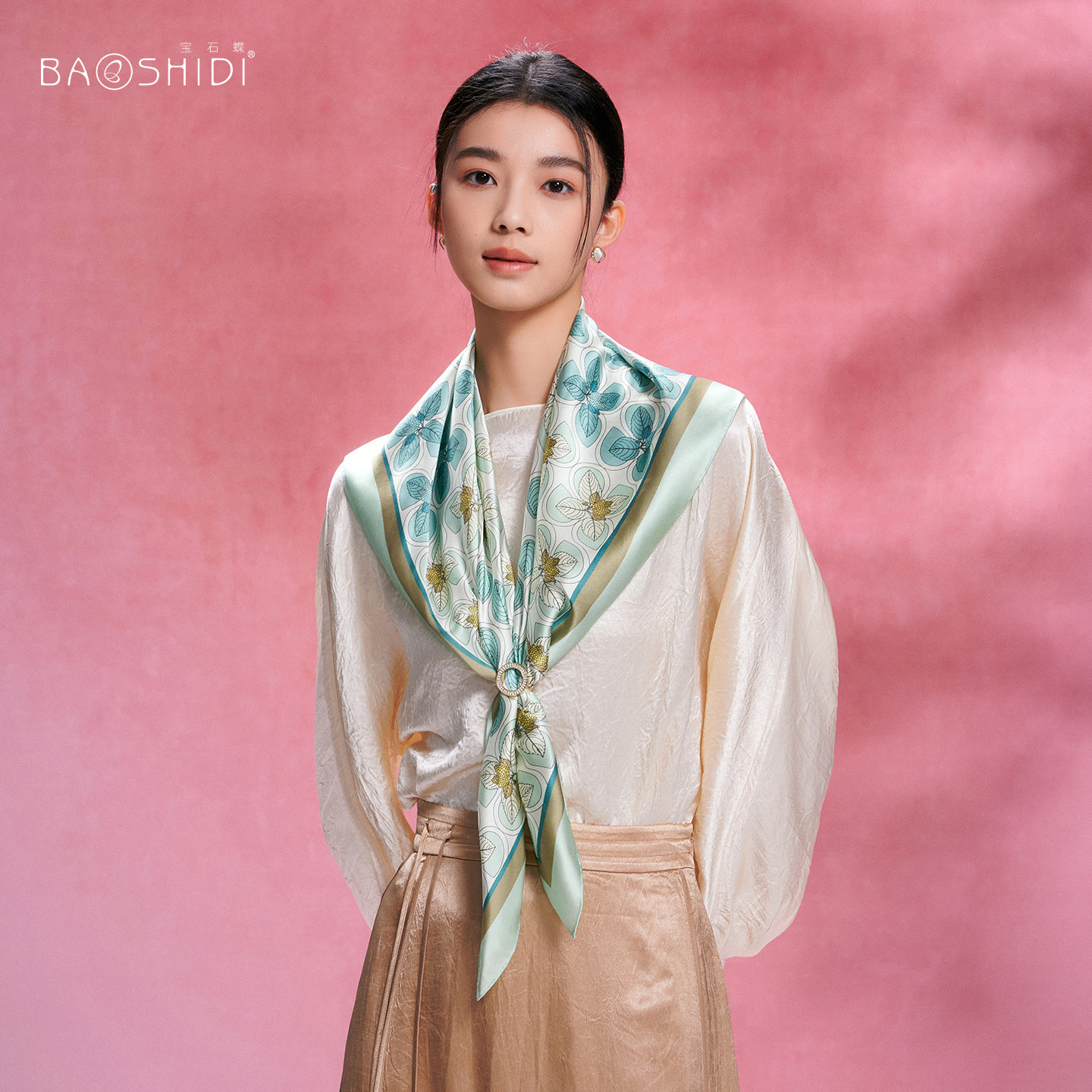 宝石蝶26夏季桑蚕丝真丝丝巾女植物花卉时尚百搭披肩礼盒装桑果