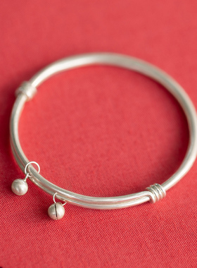 999纯银推拉实心999足银手镯子女铃铛哑光亮面磨砂刻字定制手镯