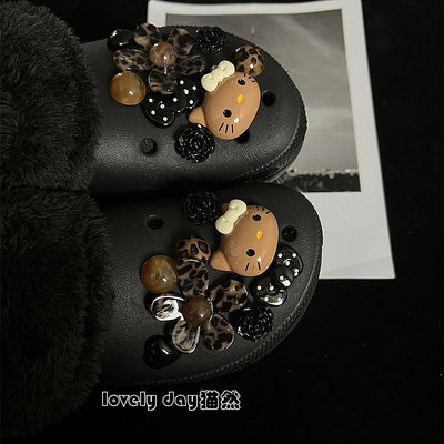 【黑猫咪】适配crocs原创设计秋冬洞洞鞋鞋花鞋扣装饰甜酷豹纹咖