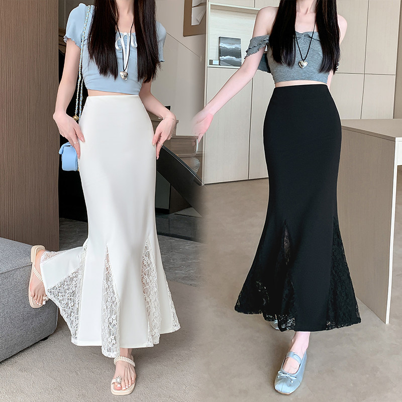 视频蕾丝拼接黑色半身裙高腰显瘦小众通勤百搭包臀鱼尾裙潮流