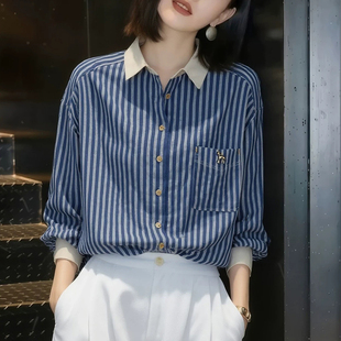 长袖 小众别致设计感单排扣衬衣女 拼色条纹气质优雅polo领衬衫 春季