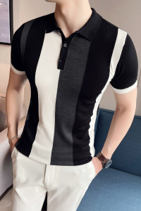 A23 夏季男式短袖针织POLO衫撞色修身冰丝T恤潮流-灰色图片