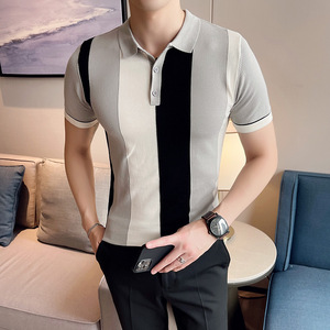 A23-P58夏季男式短袖针织POLO衫轻熟风撞色修身冰丝T恤潮流,咖啡色半身裙搭配粉色图片