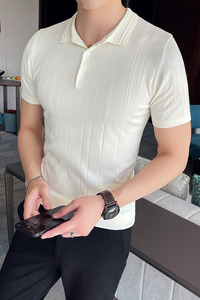 A06 男士春夏款短袖POLO衫冰丝面料修身纯色带暗条纹-四色图片