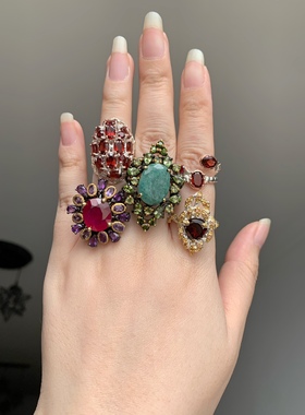 天然祖母绿红宝石榴石橄榄石戒指