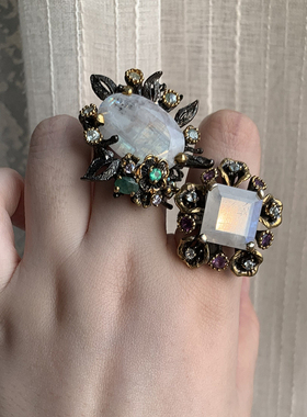 天然白月光石祖母绿925银戒指