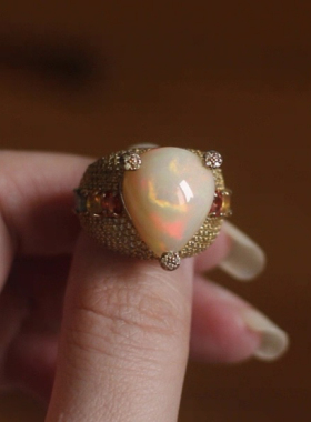 英国回流进口天然大颗水滴殴泊黄色蓝宝石925银镀金埃及艳后戒指