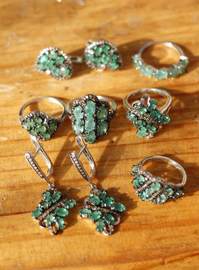 天然祖母绿银复古吊坠耳环戒指