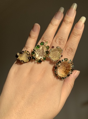 欧美进口中古风黄水晶透辉石戒指