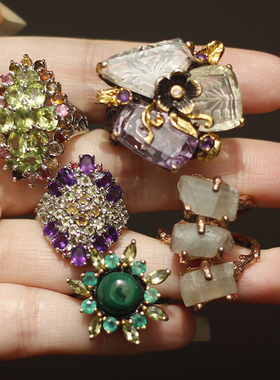 欧洲复古珠宝|欧美回流天祖母绿透辉石925银镀金艺术设计戒指女