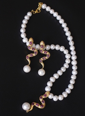 美国进口珍珠红宝石银耳环项链