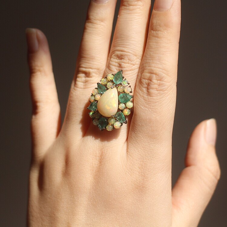 复古珠宝|欧美回流天然欧泊祖母绿925银镀金艺术设计造型戒指女