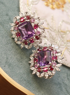 紫水晶红宝石莫桑钻宝石银耳钉