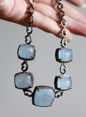 天然钻石雕刻海蓝宝项链