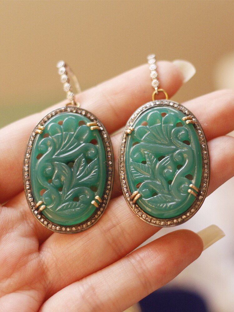 欧洲复古珠宝|英国进口天然绿玛瑙925银镀金中古vintage钻石耳环