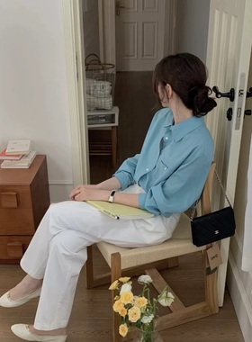 XS2147东大门显白瓦尔登湖蓝色翻领纯棉衬衫宽松休闲落肩纯色上衣