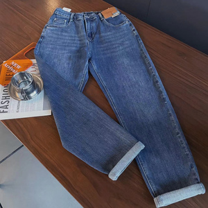 汐家大码女裤 春季新款松紧高腰贴标老爹裤 遮肉显瘦牛仔裤