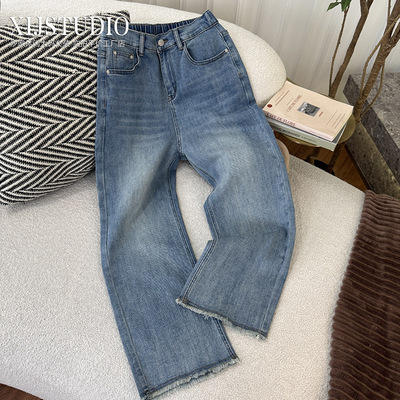 汐家女裤 春季新款高腰水洗蓝直筒牛仔裤大码裤脚毛边九分烟管裤