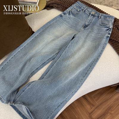汐家女裤 春季新款重工亮钻阔腿裤大码微弹高腰满钻水洗蓝牛仔裤