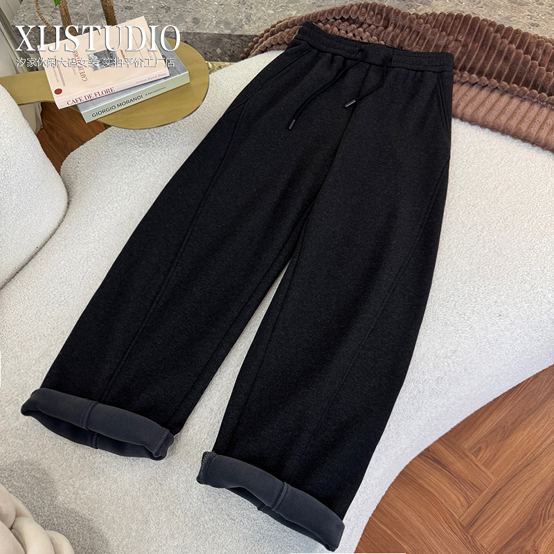 汐家女裤 松紧高腰宽松休闲裤大码秋冬加厚绒显瘦阔腿弯刀裤