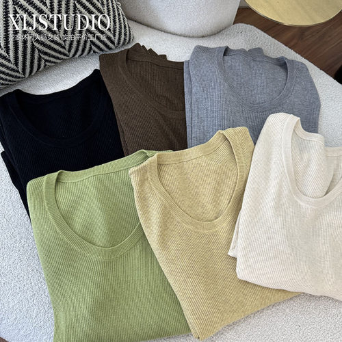 汐家女装 百搭u领毛衣女打底衫大码2025秋冬内搭宽松长袖针织衫