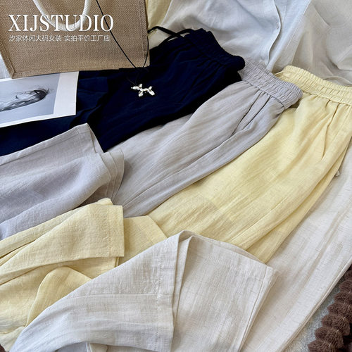 汐家女装 春夏新款小众韩版慵懒衬衫+阔腿裤大码亚麻竹节套装