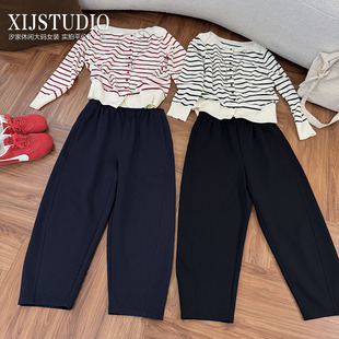 汐家女裤 春季新款中弹松紧高腰休闲哈伦裤女大码宽松老爹裤