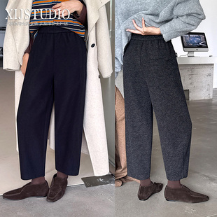 松紧高腰九分毛呢裤 大码 外穿加厚 老钱风秋冬休闲裤 汐家女裤