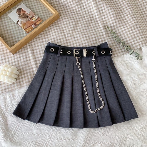 Real shot Korean personalized chain pleated skirt design sense side zipper student skirt with lining