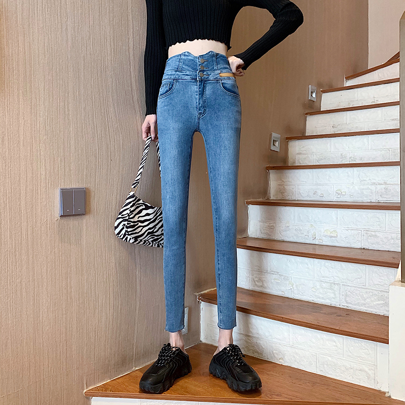 Real shot Korean chic slim stretch super high waist jeans water wash versatile Leggings pencil pants