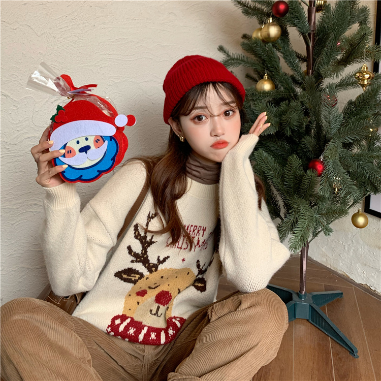 Real shot Korean 2020 new lovely Christmas elk wearing loose and lazy knitted sweater coat