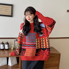 Real shot Korean 2020 new interesting contrast printing retro loose lazy long sleeve sweater ins fashion