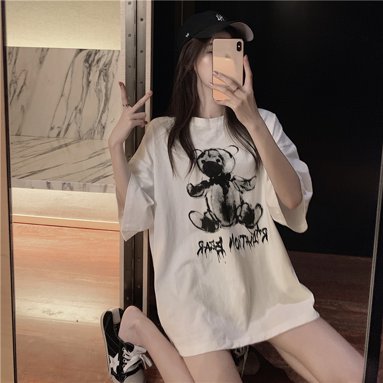 Korean version super fire bear mid long loose short sleeve T-shirt